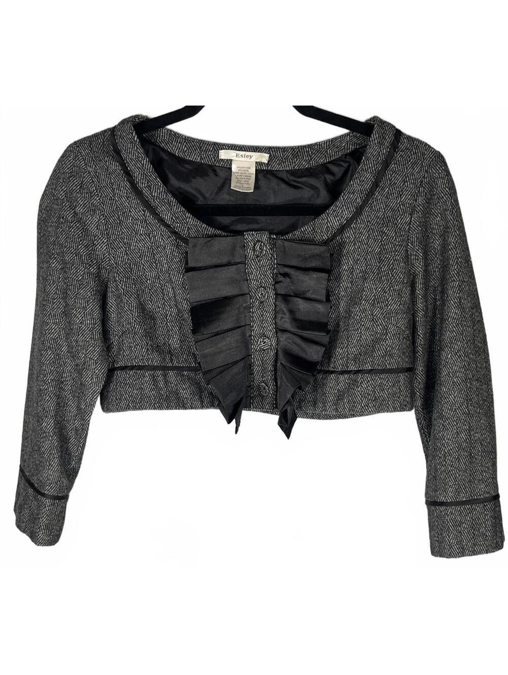Vintage 2010s Esley Wool Blend Cropped Tweed Jacket Ruffle Front Open Blazer S
